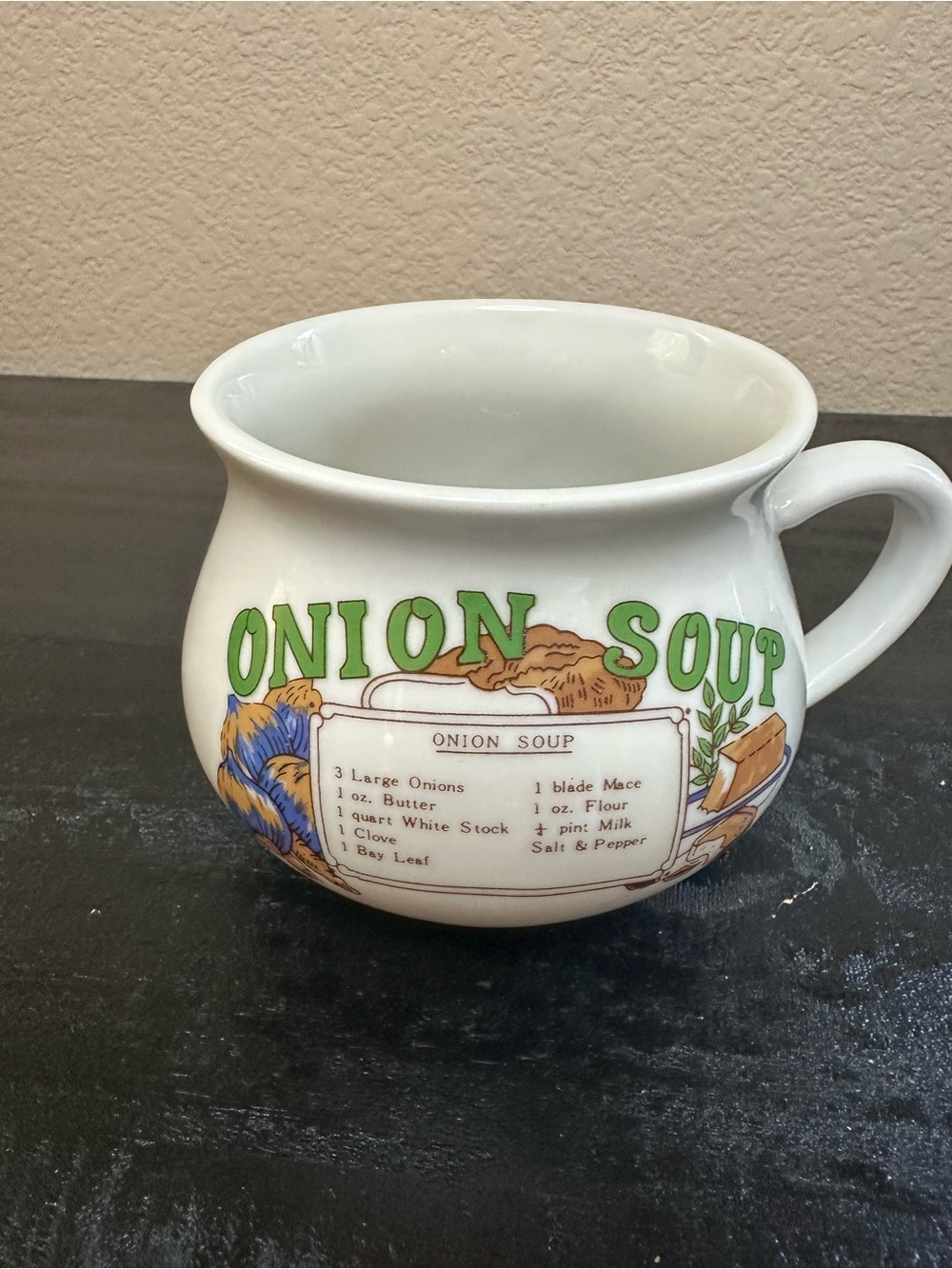 Onion Soup Ceramic Mug - White with Green Lettering. Recipe on Front. Vintage